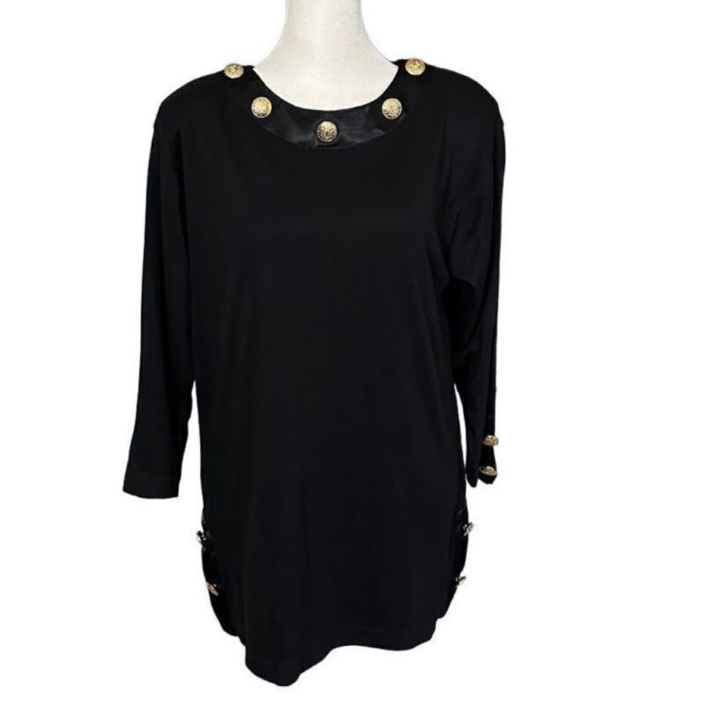 Ivana Vintage Black & Gold Button Detail 3/4 Sleeve Split Hem Blouse Sz Medium